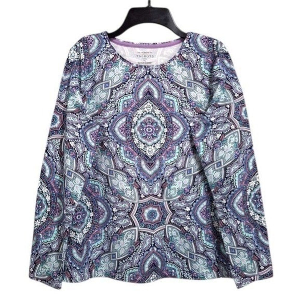 Talbots‎ Womens T-Shirt PM Multi Crew Neck Long Sleeve Mandala Print Paisley Tee